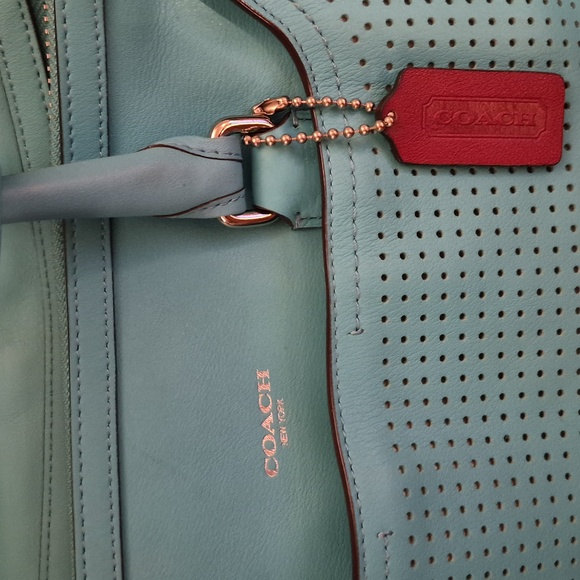 EUC 🌟 LN 🐦 COACH 🐦 HALEY (13') Leather PERFORATED Satchel 💙 ROBIN & BURGUNDY - Picture 2 of 15